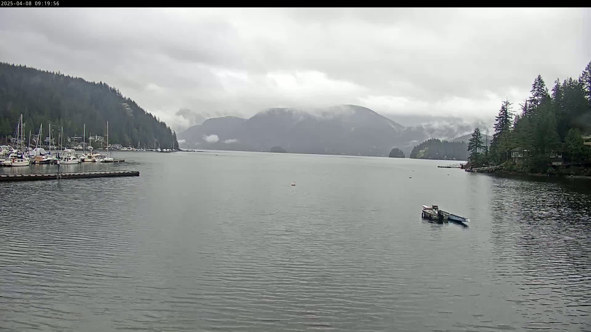 A calm bay with docked boats and forested hills under an overcast sky.