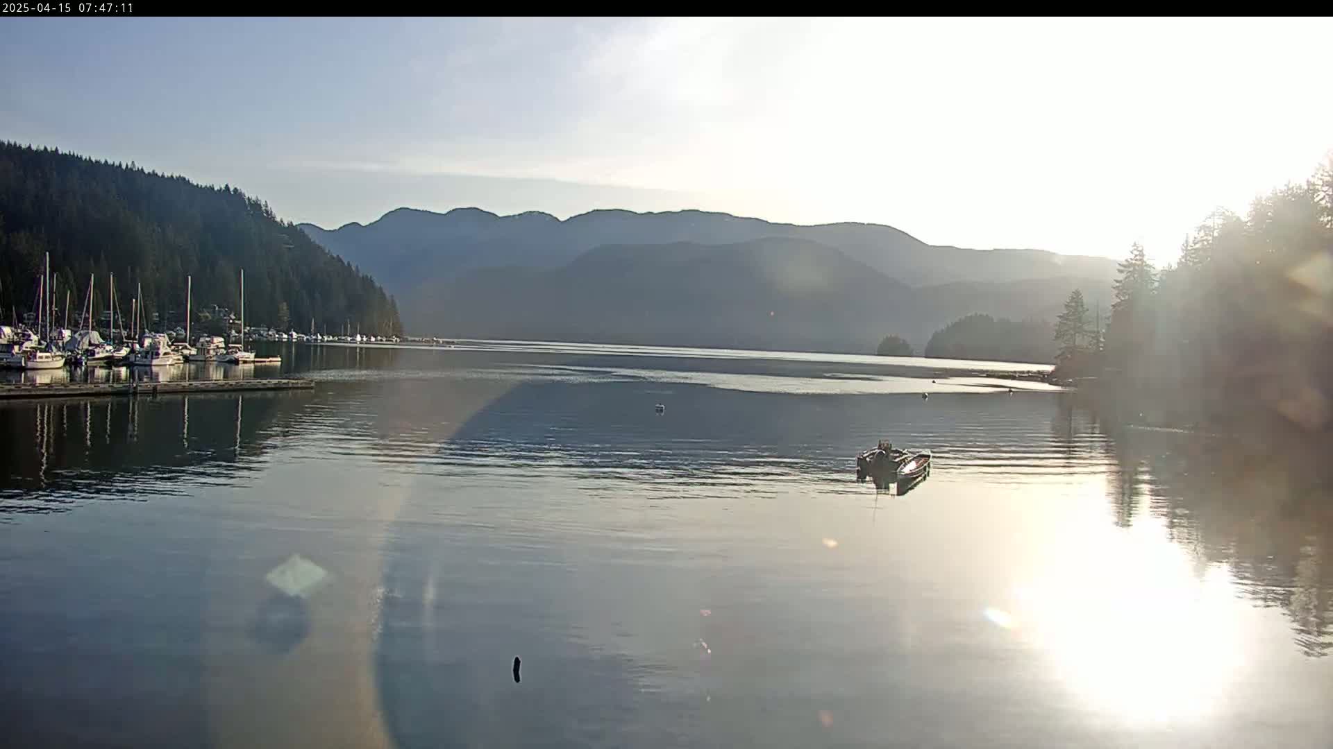 A calm bay with docked sailboats reflects the morning sun against a backdrop of forested hills.
