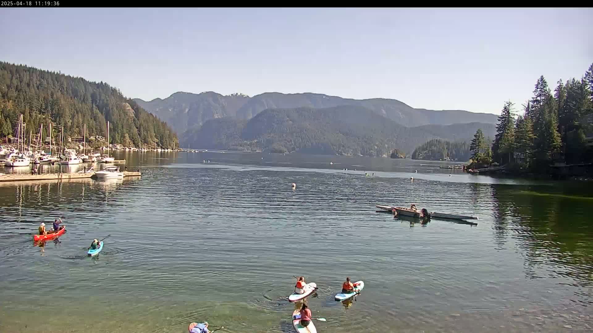 A calm, sunny day shows a bay with several people kayaking and paddleboarding, boats docked at a marina, and forested mountains in the background.