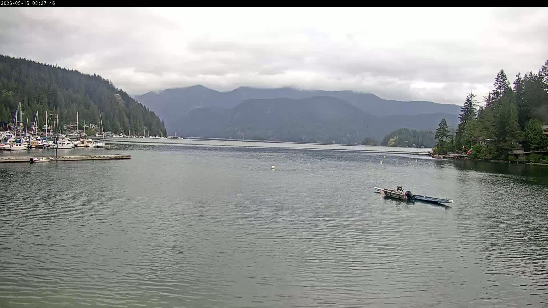 A calm body of water shows a marina with several boats, a small motorboat, and forested hills under an overcast sky.