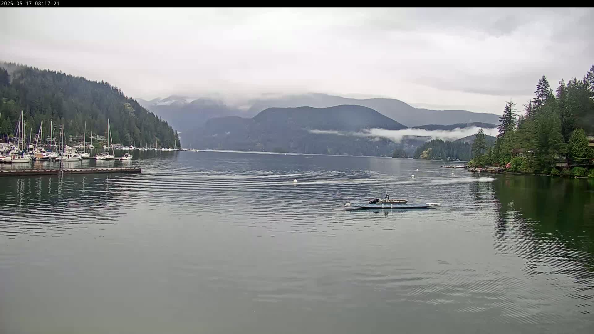 A calm, overcast day shows a body of water with many boats docked at a marina, a single boat on the water, and forested hills in the background.