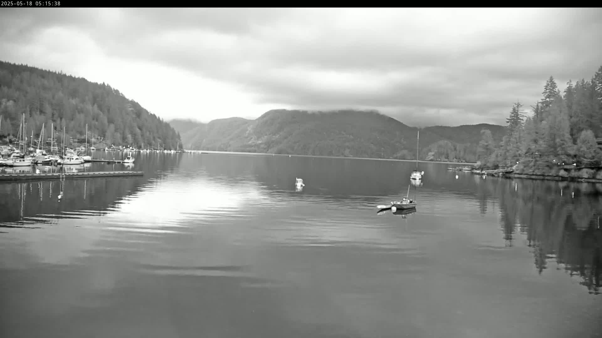 A calm body of water reflects overcast skies and forested hillsides, with several boats moored at a dock and others scattered across the surface.