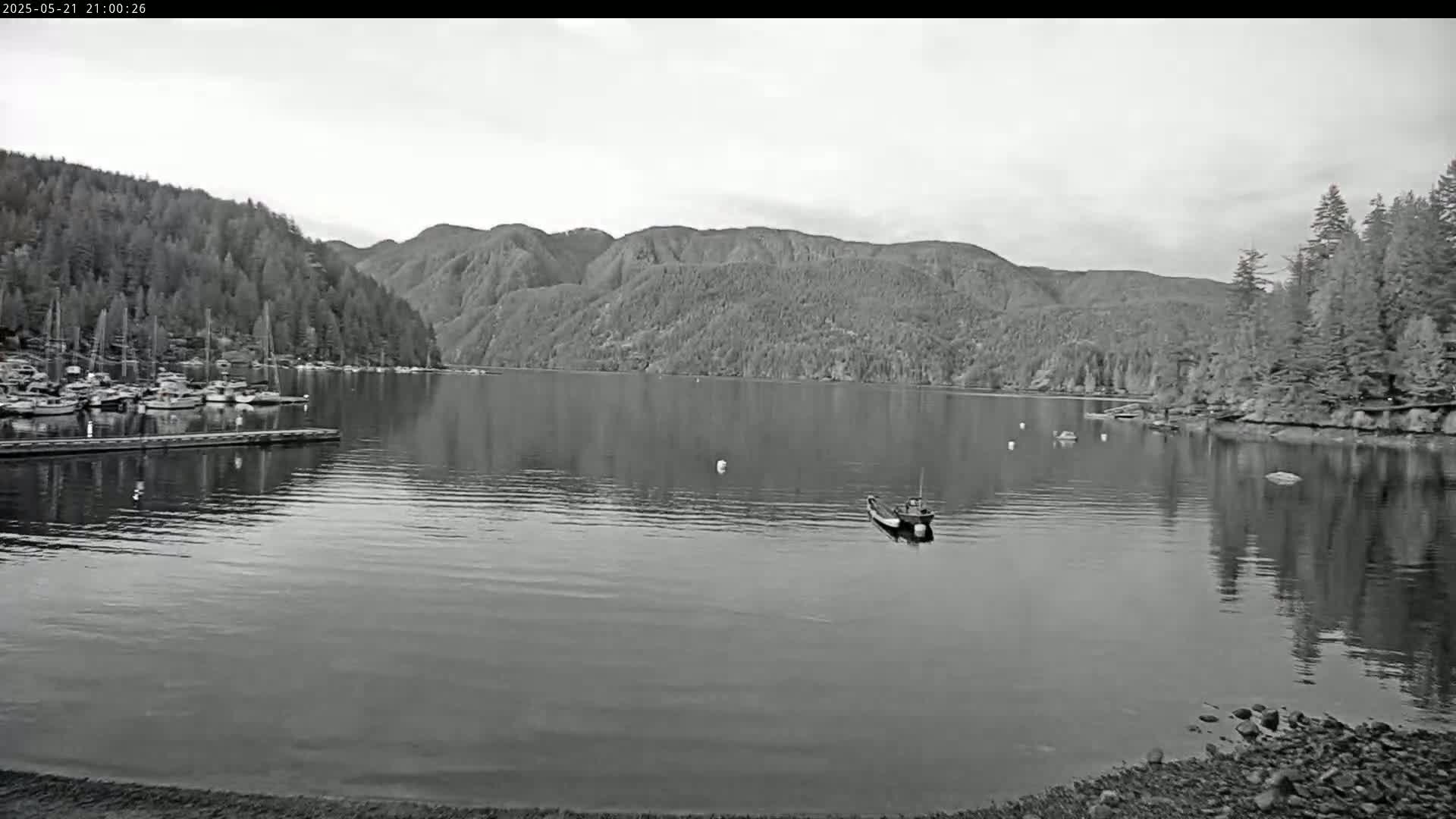 A calm, gray day shows a body of water with a marina full of boats nestled beside a rocky shore and forested hills.