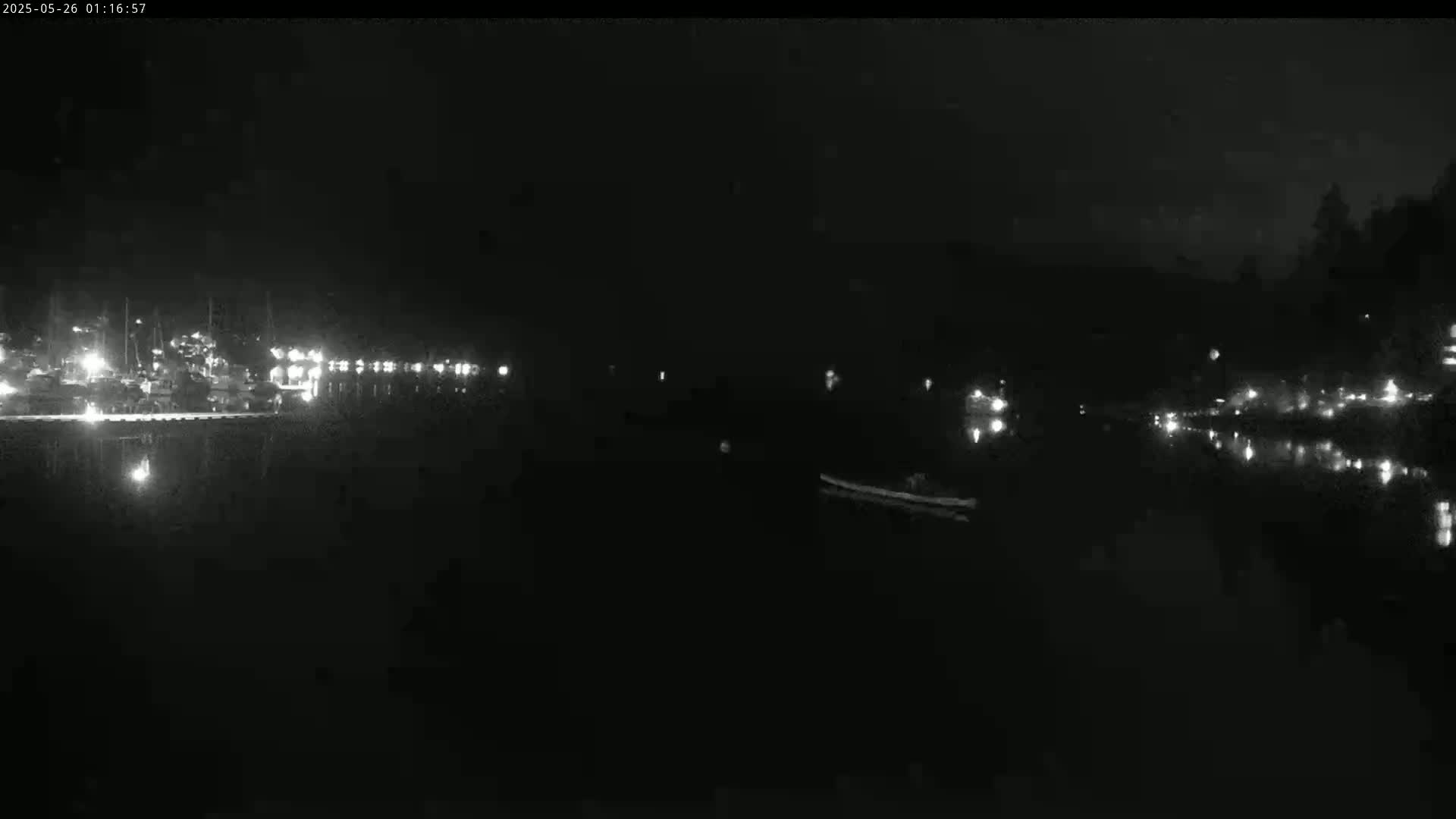 A nighttime view of a calm body of water with dimly lit boats and a shoreline with faint lights.