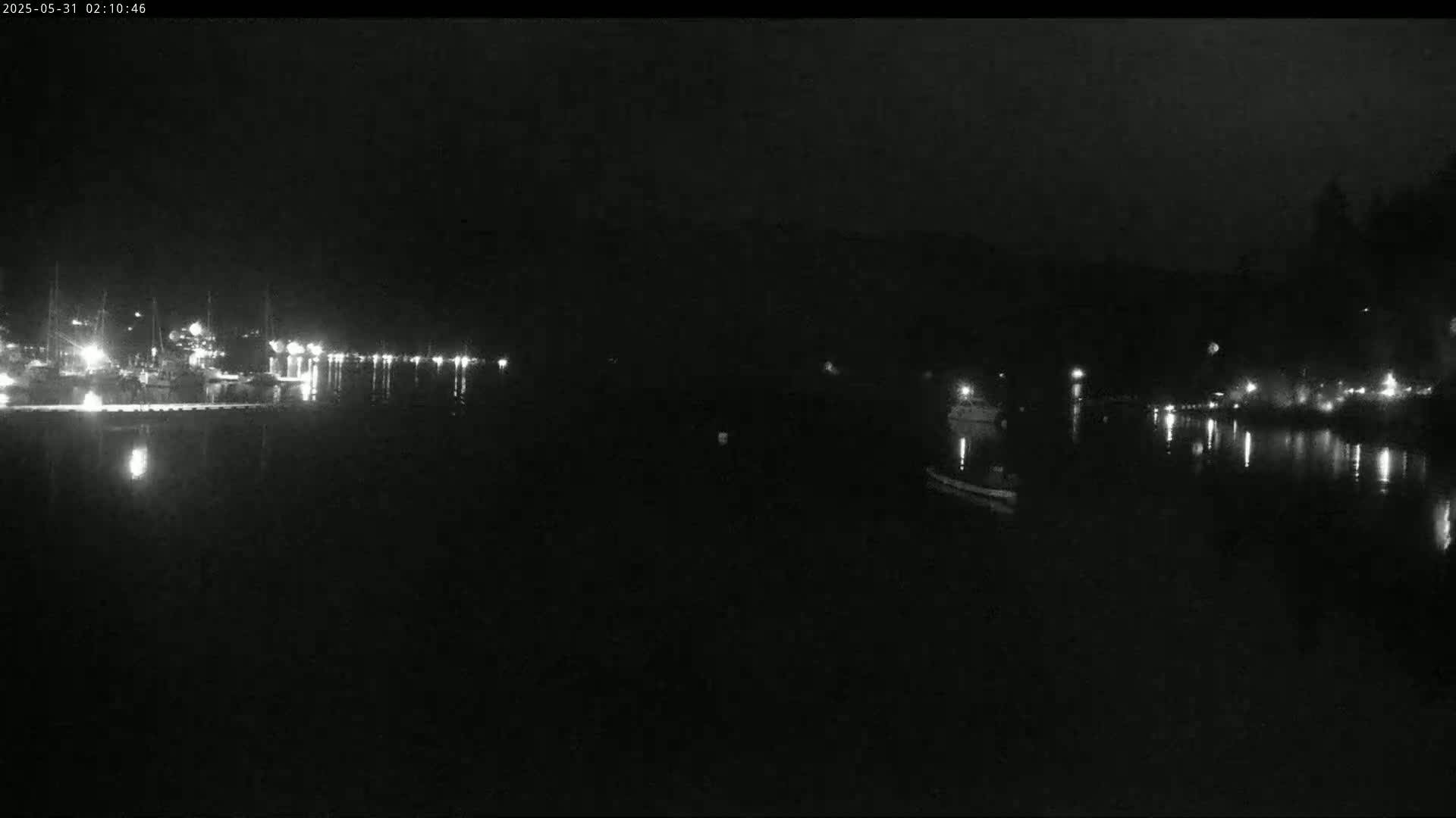 A nighttime view of a calm body of water with boats docked along the shore, illuminated by faint lights.