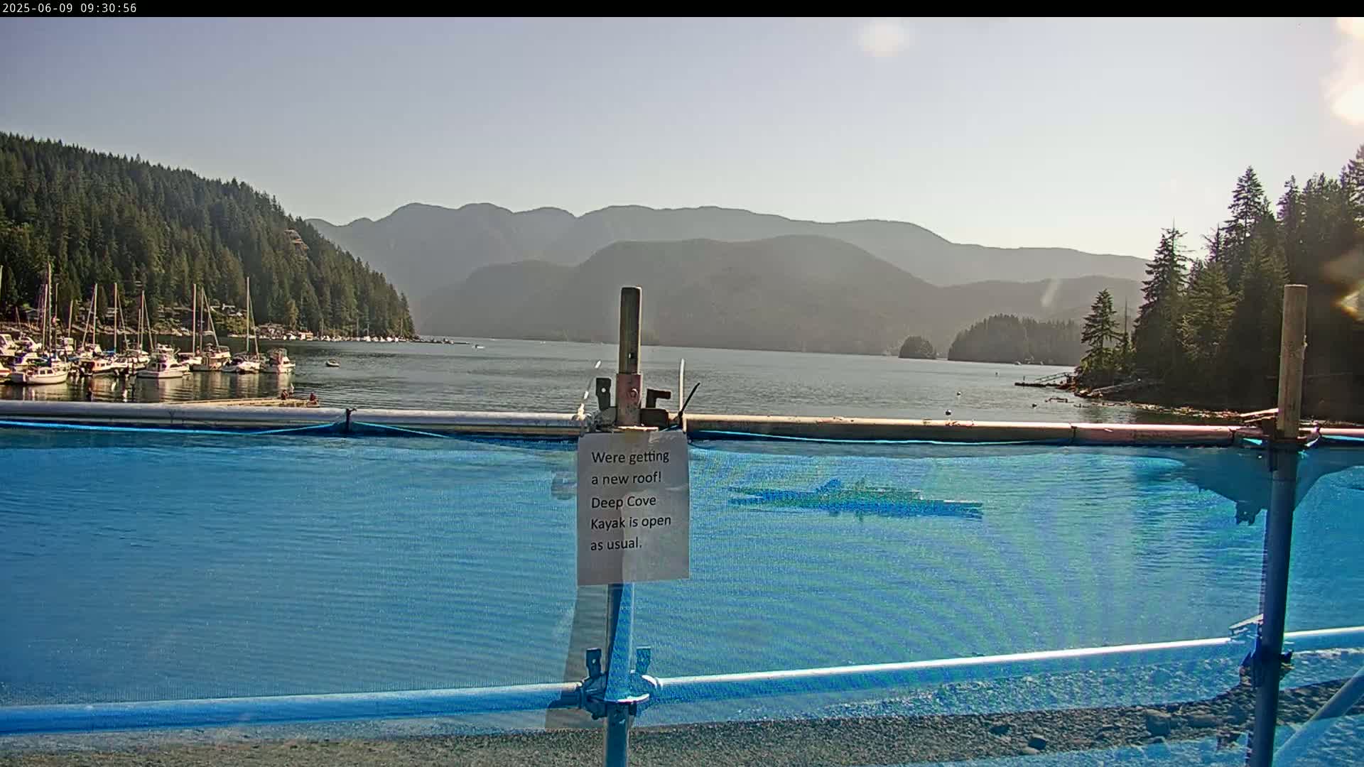 A calm body of water with numerous boats at a marina is visible beyond a blue mesh fence, set against a backdrop of mountains on a sunny day.
