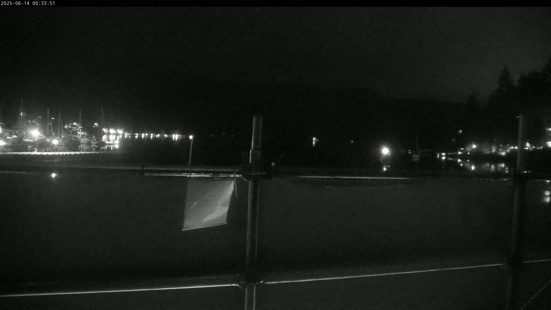 A nighttime view of a dark body of water with boats docked along a shoreline, dimly lit by distant lights.
