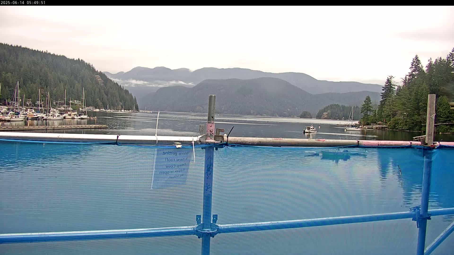 A calm body of water with boats in a marina is seen beyond a blue mesh fence under an overcast sky, with mountains in the background.