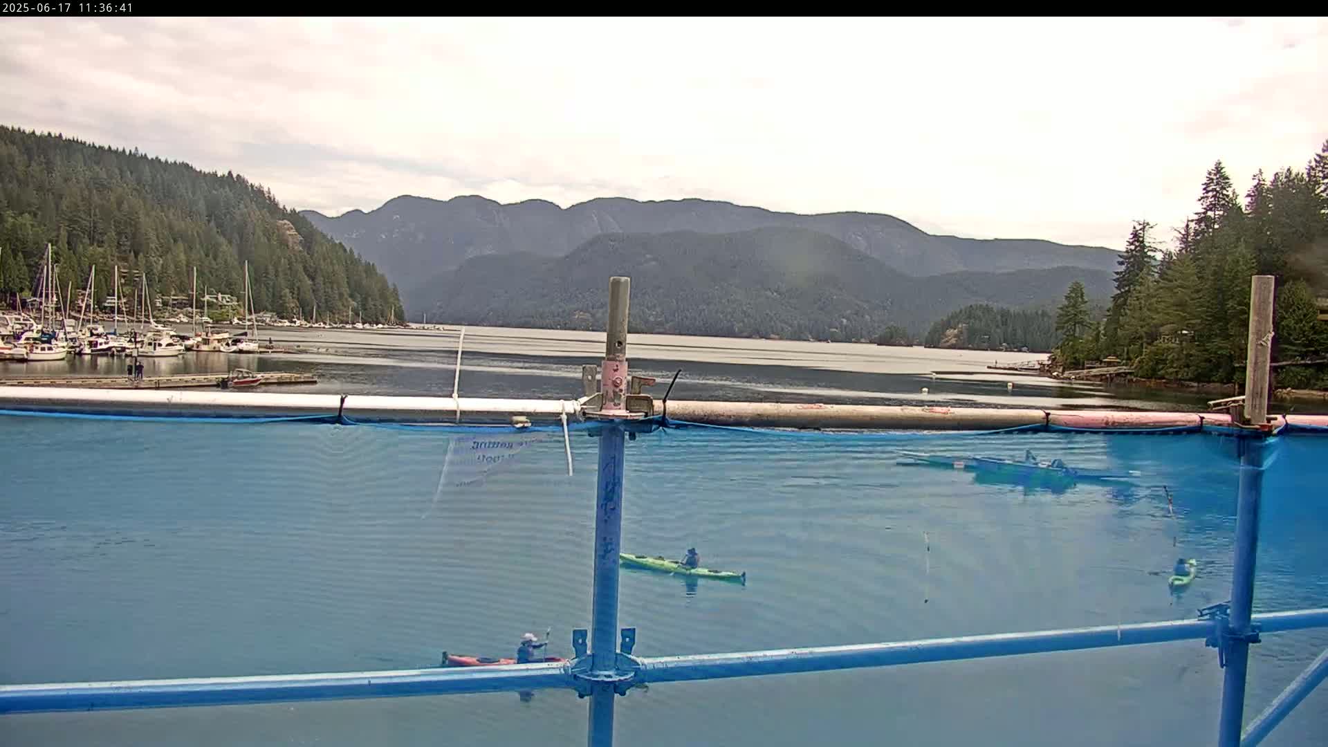 A calm bay with several kayaks and a marina is viewed from behind a blue safety net on an overcast day, with mountains in the background.