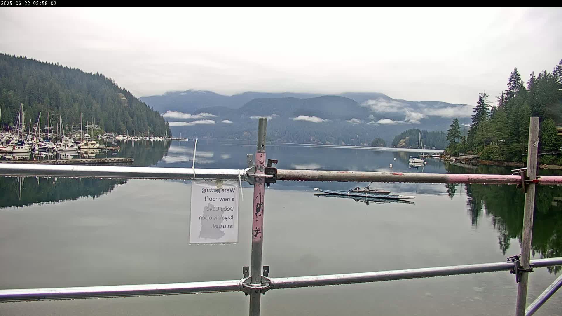 A calm body of water with numerous boats at a marina is seen beyond a metal railing on a cloudy day, with forested hills and mountains in the background.