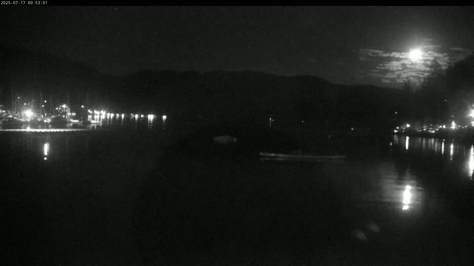 A moonlit night scene shows a body of water reflecting the lights of a harbor and distant hills under a partly cloudy sky.