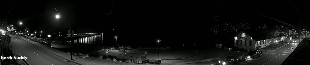 A nighttime, black-and-white view of a town street with cars, streetlights, and buildings, including a pier lit up in the distance.