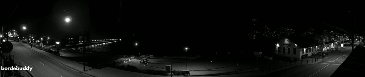 A nighttime, black and white view of a town's waterfront, featuring a road, buildings, and a pier illuminated by streetlights.