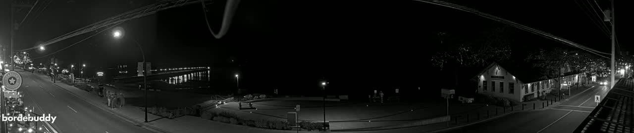 A nighttime black and white view of a town's waterfront and street scene, featuring a pier, buildings, and streetlights under a dark sky.