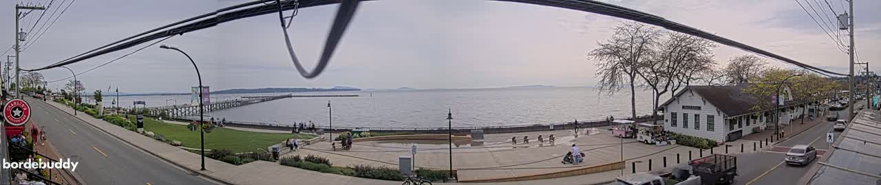 A waterfront scene on an overcast day shows a pier extending into a calm bay, with a plaza, buildings, and a street visible in the foreground.