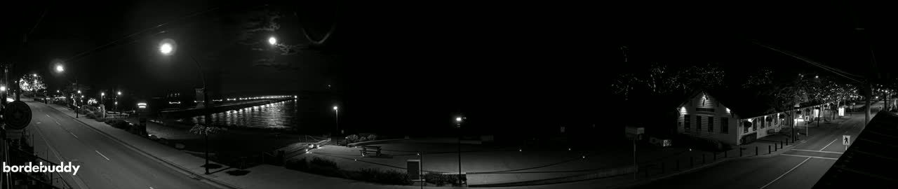 A moonlit nighttime scene shows a street with buildings and a pier extending into the water.