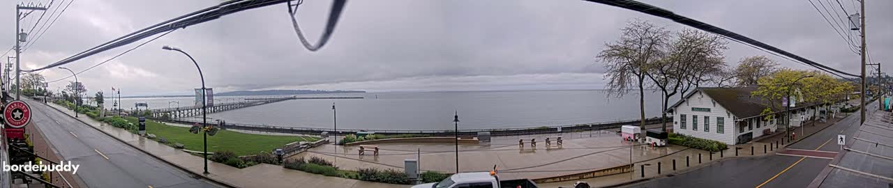 A waterfront scene on an overcast day shows a long pier extending into a calm body of water, with a street, buildings, and a park visible on land.