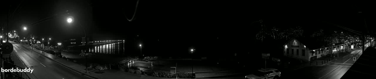 A nighttime, black-and-white view of a street scene with a pier and buildings illuminated by streetlights.