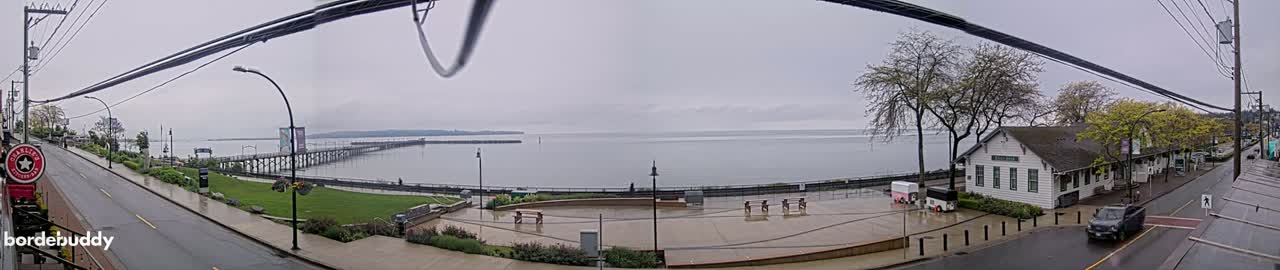A waterfront scene on an overcast day shows a long pier extending into a calm body of water, with a paved plaza, buildings, and some trees, all under a gray sky.