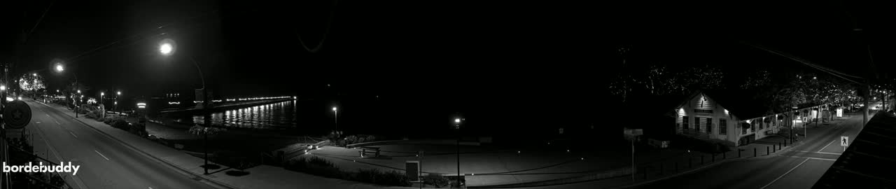 A nighttime, black-and-white view of a waterfront town with a road curving down to a pier and buildings along the roadside, lit by streetlights.