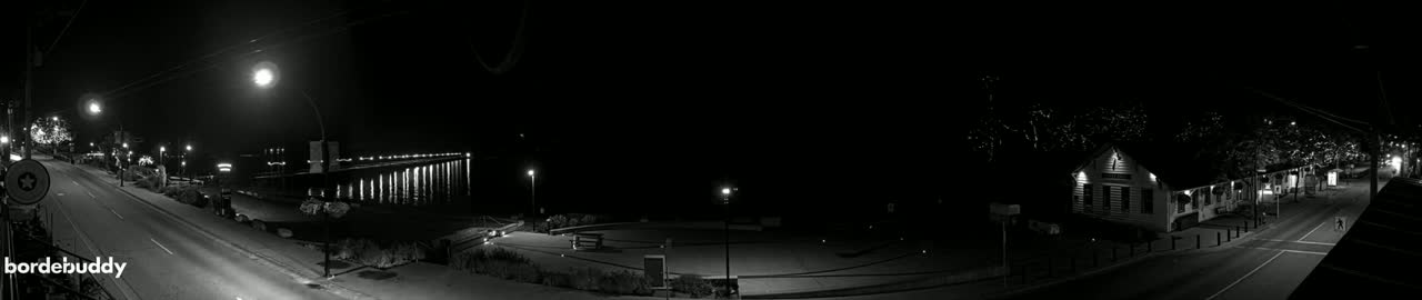 A nighttime, black-and-white view of a waterfront scene shows a road leading to a pier and buildings along the road, all illuminated by streetlights.