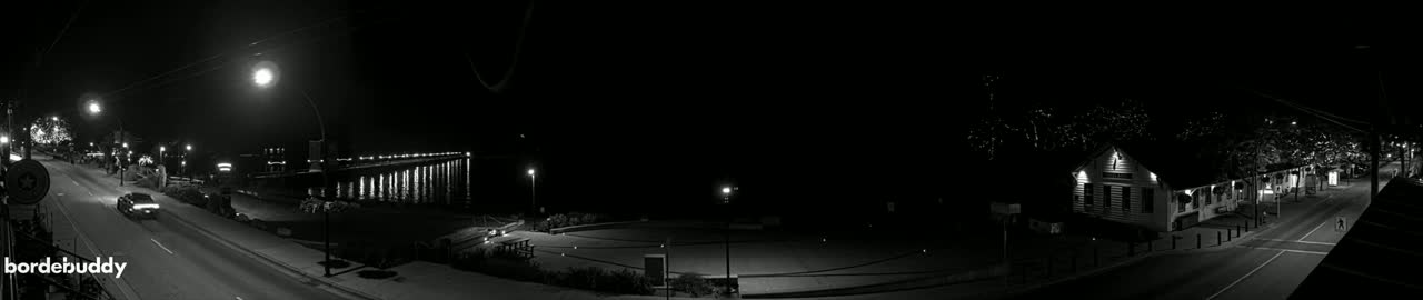 A nighttime, black-and-white panorama shows a street scene with cars, buildings, a pier, and trees illuminated by streetlights.