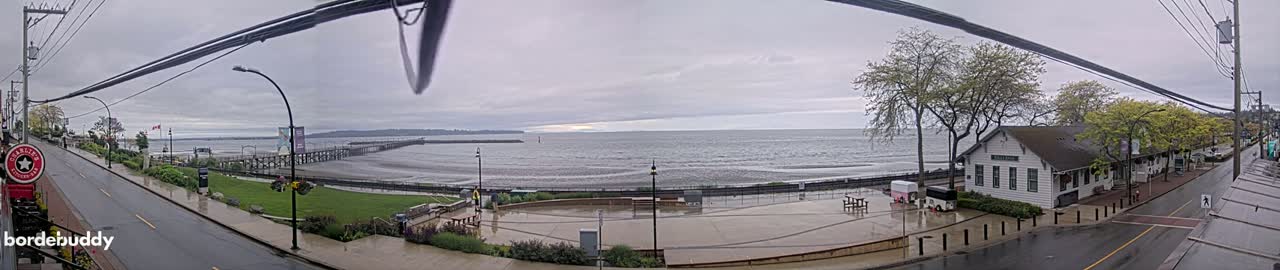 A wet seaside town scene shows a long pier extending into a choppy gray sea under an overcast sky; a street runs alongside a grassy area leading to the pier, with buildings and trees lining the street.