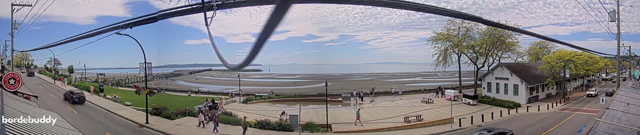 A seaside town on a partly cloudy day shows a long sandy beach at low tide, a pier extending into the water, a street with cars, and a line of buildings with people walking around.