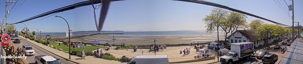 A sunny seaside town scene shows a sandy beach with people enjoying the outdoors, a pier extending into the water, and parked cars lining a street next to leafy trees and buildings.