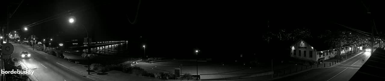 A nighttime, black and white panoramic view shows a street scene with cars, buildings, and streetlights, along with a pier extending into the water.