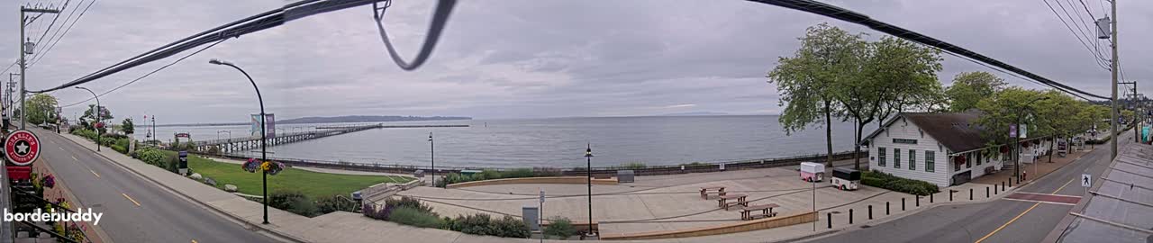 An overcast day reveals a waterfront scene with a long pier extending into a calm body of water, a street leading away from a plaza with picnic tables, and a white building nestled amongst trees.