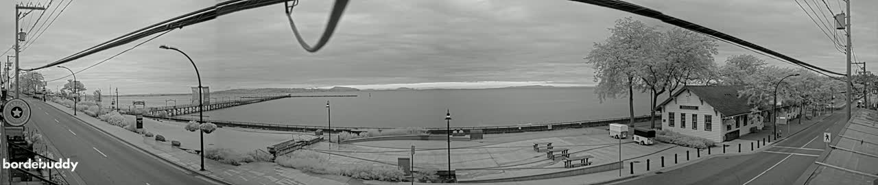 A grayscale panoramic view shows a waterfront scene with a calm body of water, a long pier, a road, buildings, and trees under an overcast sky.