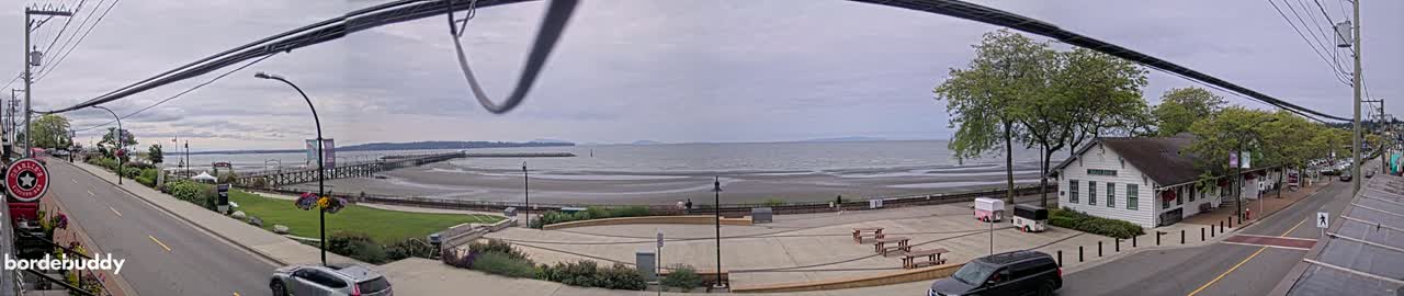 A seaside town on an overcast day features a beach, a pier, a long street with parked cars, and buildings, including a white building near the water.