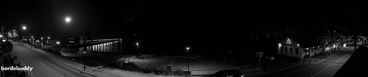 A nighttime, black-and-white view of a town's waterfront, showing a street, a pier with lights, and buildings under the cover of darkness.