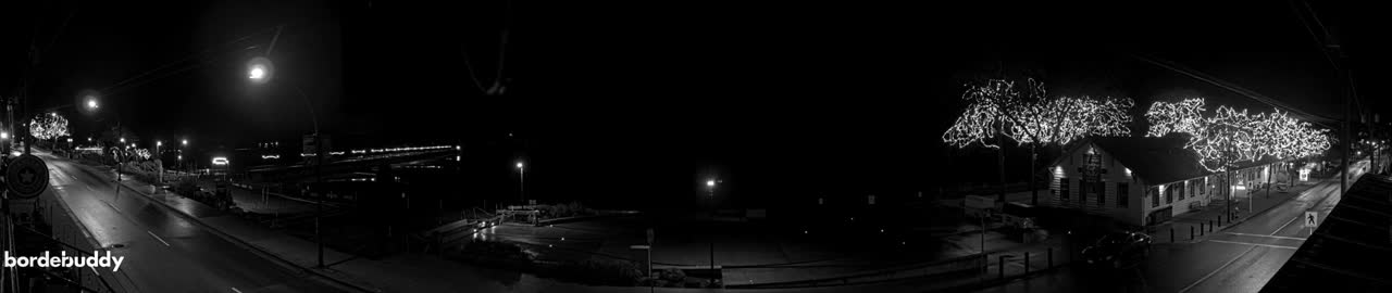 A panoramic, black and white nighttime view captures a quiet street and waterfront area where trees are brightly adorned with lights and wet roads reflect the glow of streetlights under damp conditions.