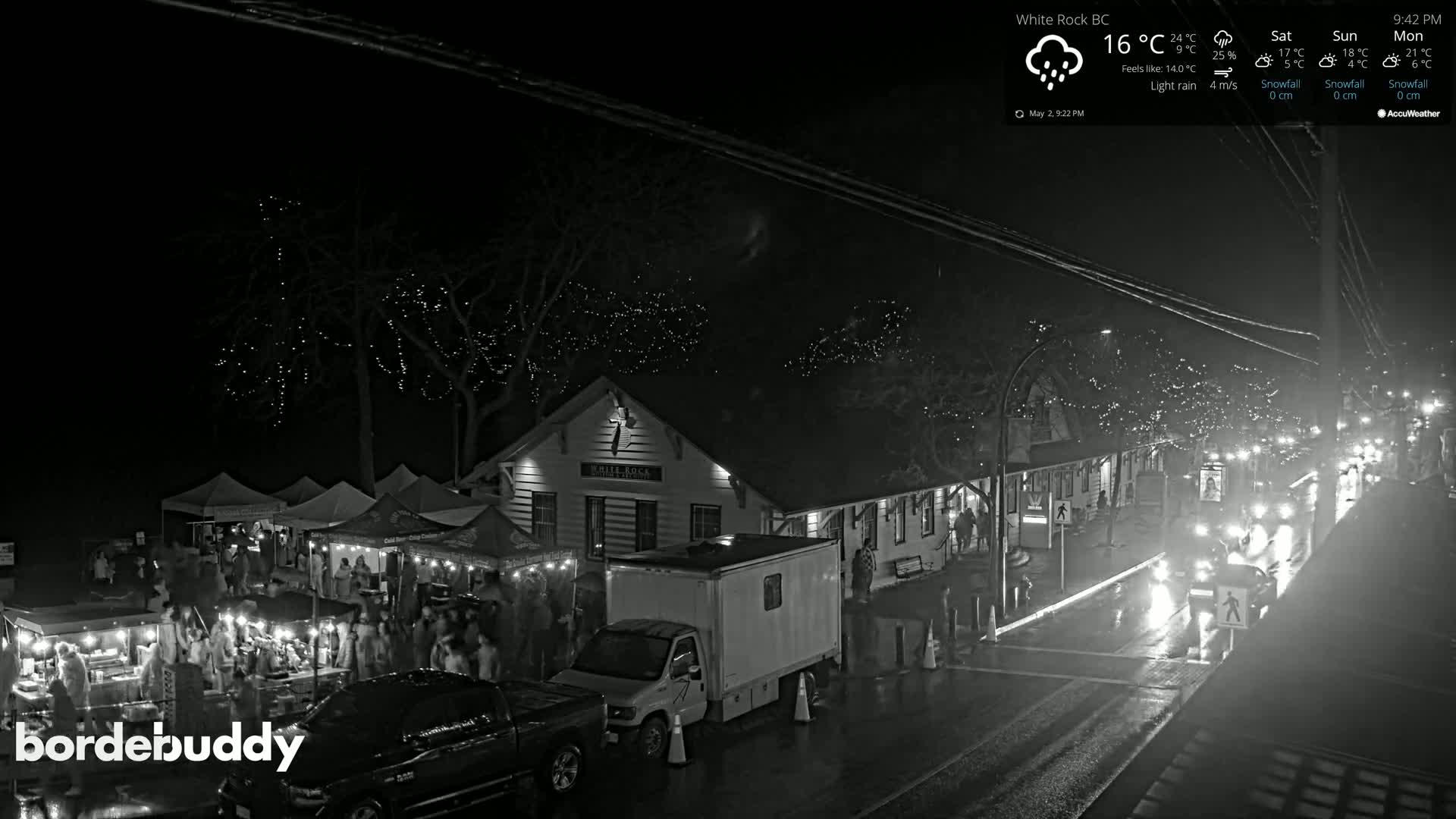 A nighttime street scene shows a wet road with cars and pedestrians, market stalls with lights, and a building under a light rain.