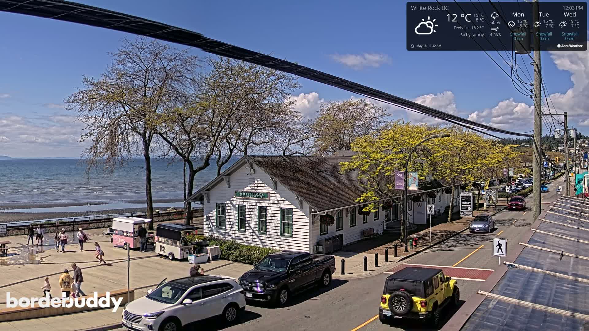 A partly sunny day shows a seaside town with a white building, cars on a street, and people walking near a beach.