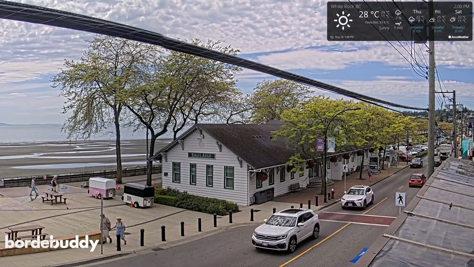 A sunny day overlooks a beach and a seaside town with cars on the street, a white building, and people walking near food trucks.