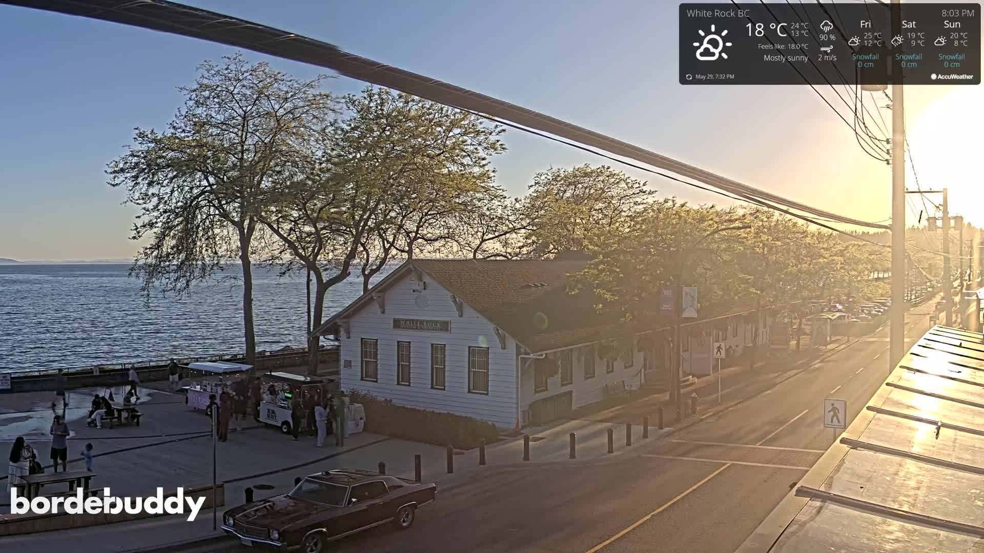 A mostly sunny waterfront scene shows a white building near a road with cars and people, overlooking calm water under a clear sky at sunset.