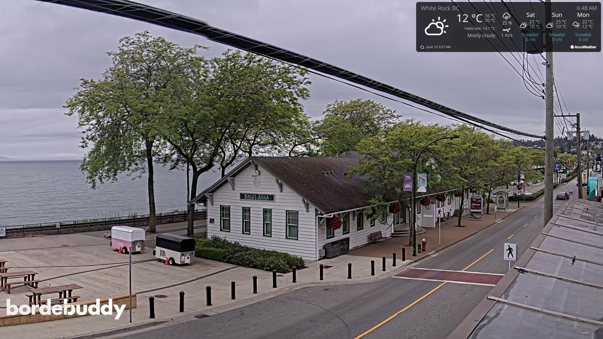A mostly cloudy day overlooks a waterfront town with a white building, food carts, and a street; a body of water is visible in the background.