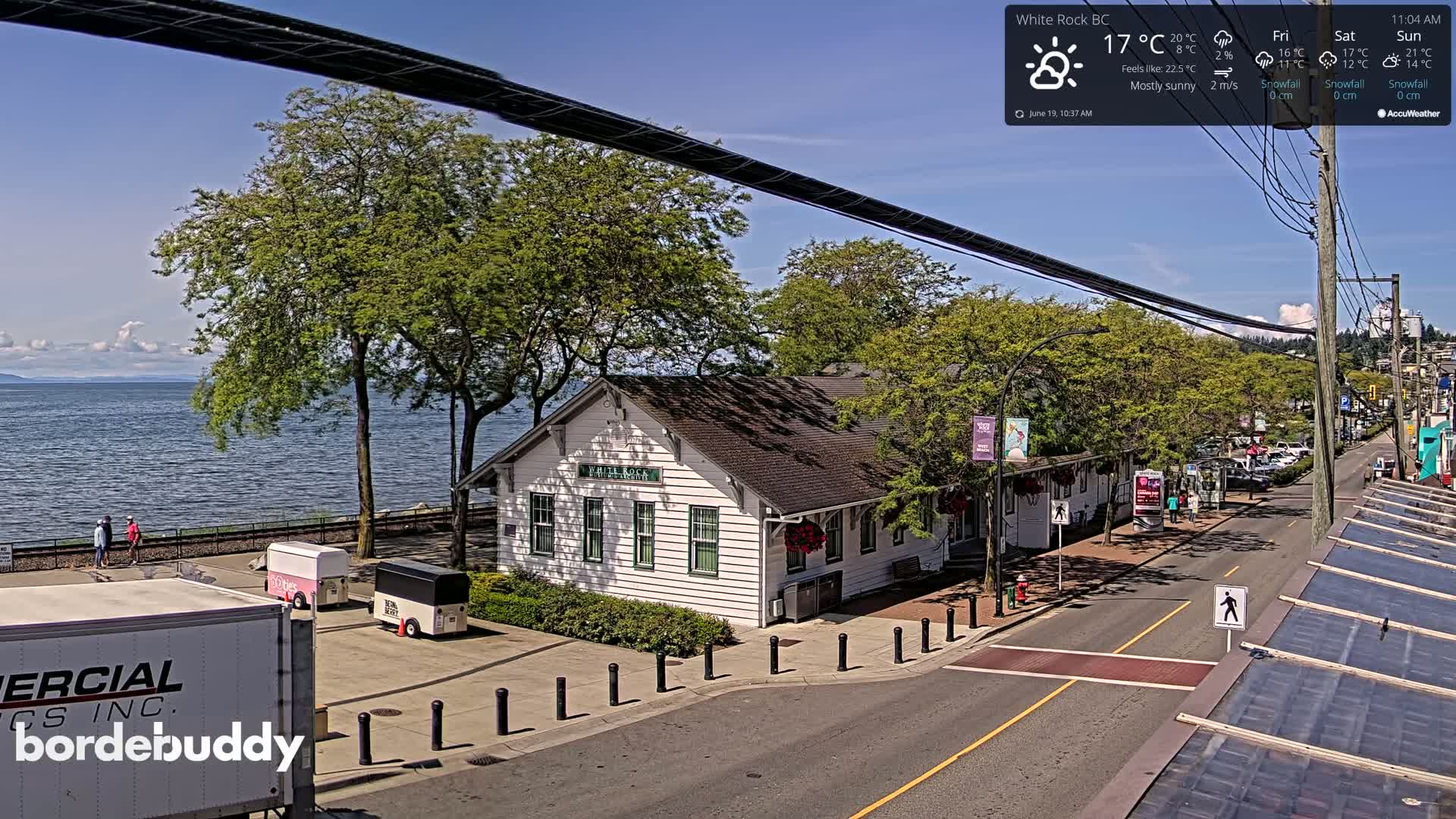 A mostly sunny waterfront scene shows a white building near a roadway, with people walking along a nearby walkway and body of water.