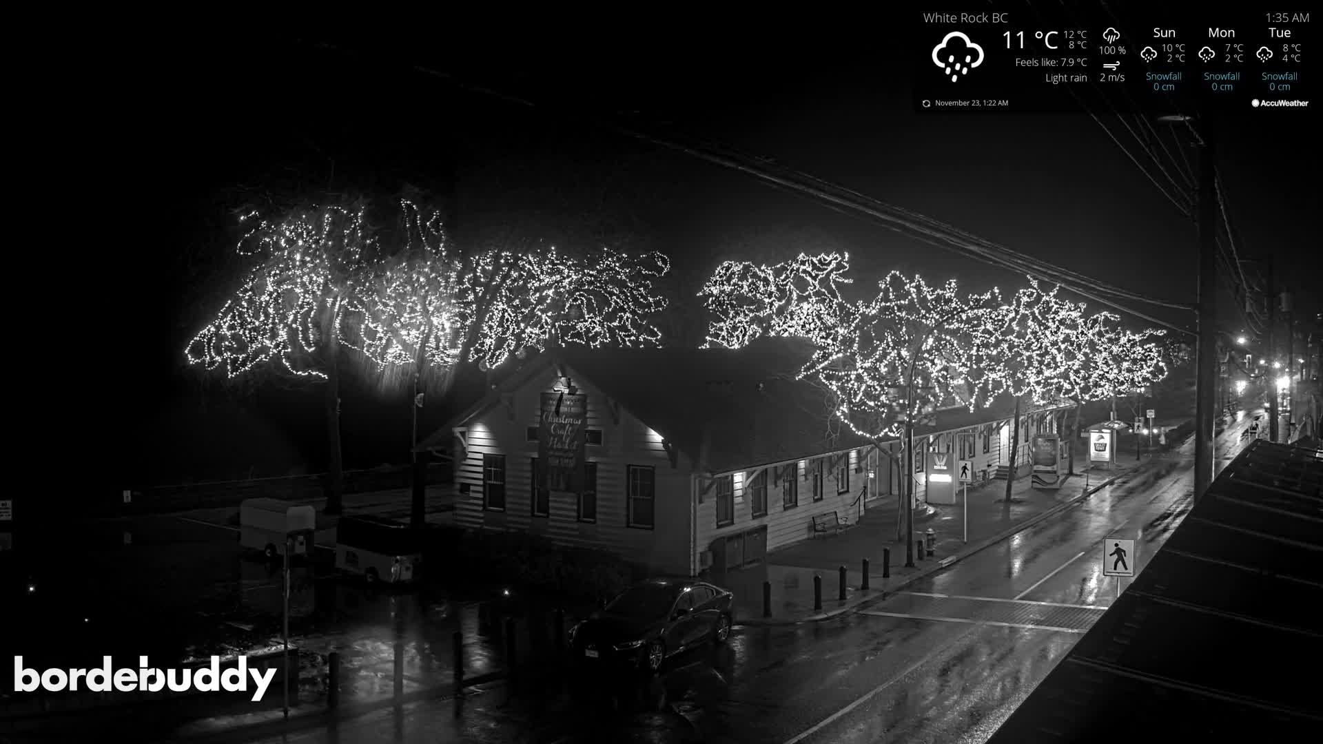 A black and white nighttime view shows a street lined with buildings and bare trees illuminated by festive lights, with wet pavement reflecting the glow from light rain.