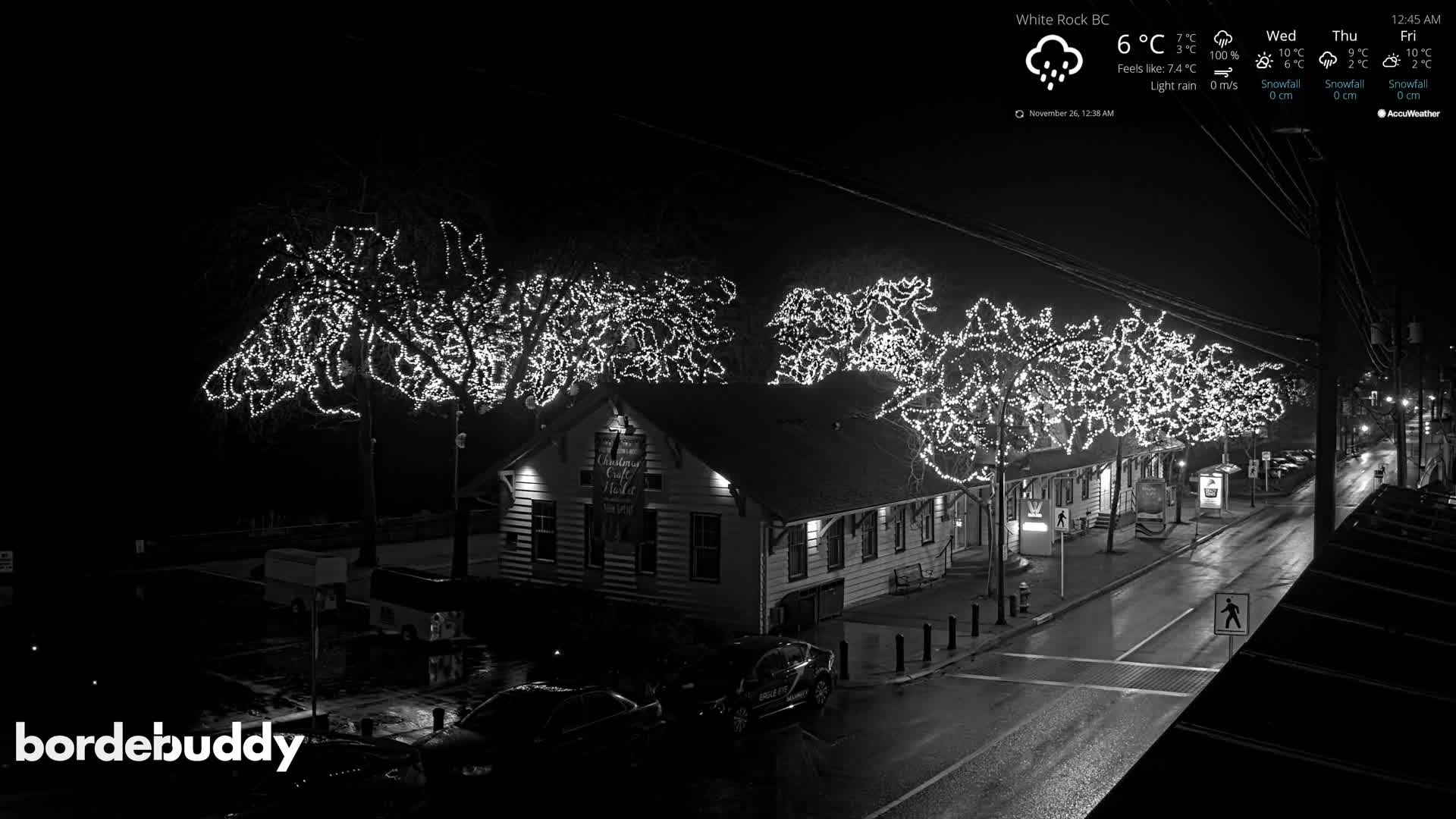 A nighttime black and white street scene features bare trees brilliantly illuminated with festive white lights, lining a wet road with buildings and parked cars under rainy conditions.