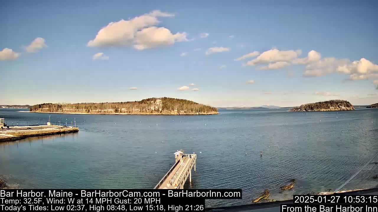 A partly cloudy day reveals a tranquil harbor scene with a long pier extending into the water, and a small island in the distance.