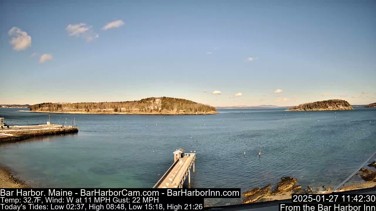 A calm body of water with a long pier extending into it, under a mostly clear, bright sky, with several islands visible in the distance.