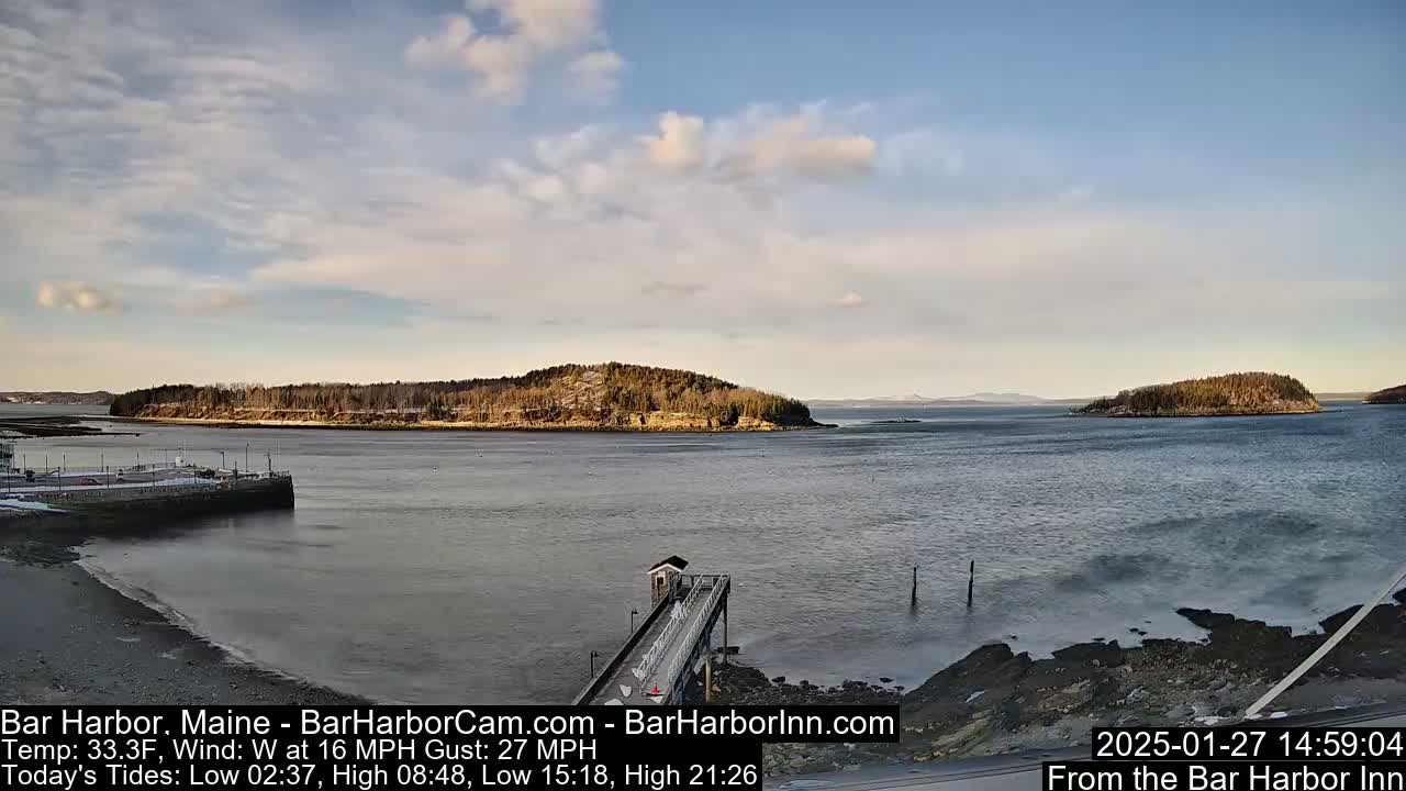 A partly cloudy day reveals a calm body of water with small islands and a pier extending from a rocky shoreline.