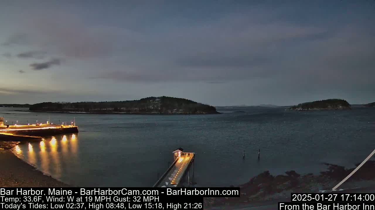 A dark, calm harbor at twilight is illuminated by lights on a pier and a building on the shore, with a small island visible in the distance.