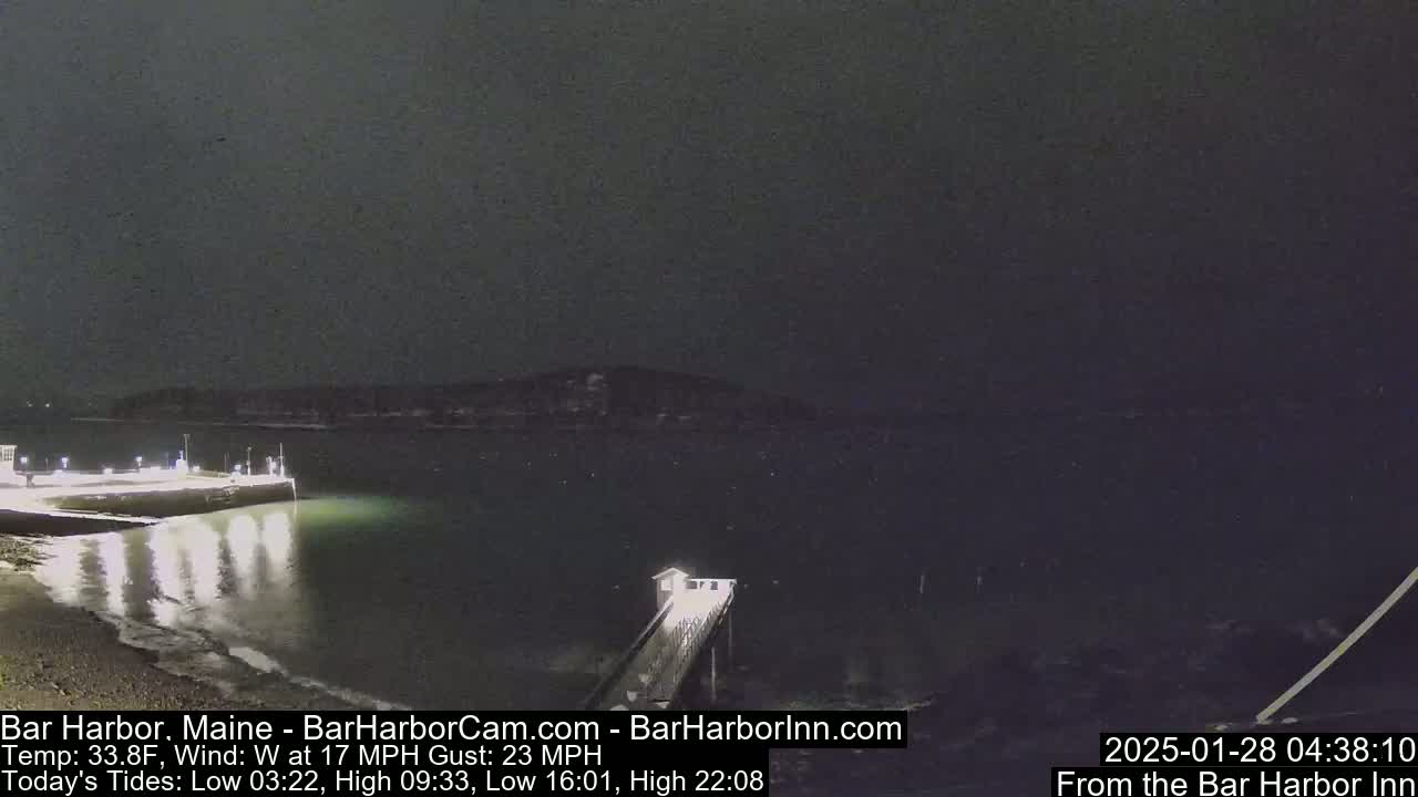 A nighttime view of a dark, calm harbor with a pier extending from a lit shoreline under a cloudy sky.