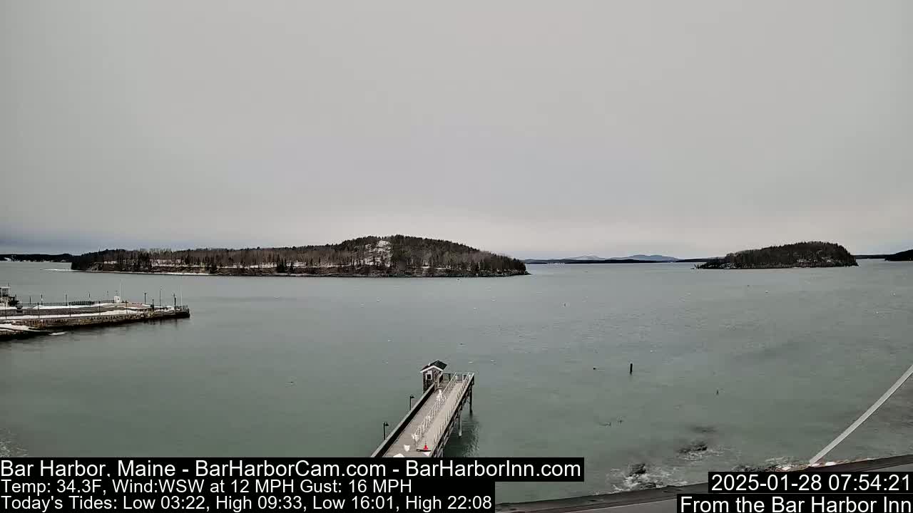 A long pier extends into a calm, gray body of water under an overcast sky, with snow-covered islands in the distance.