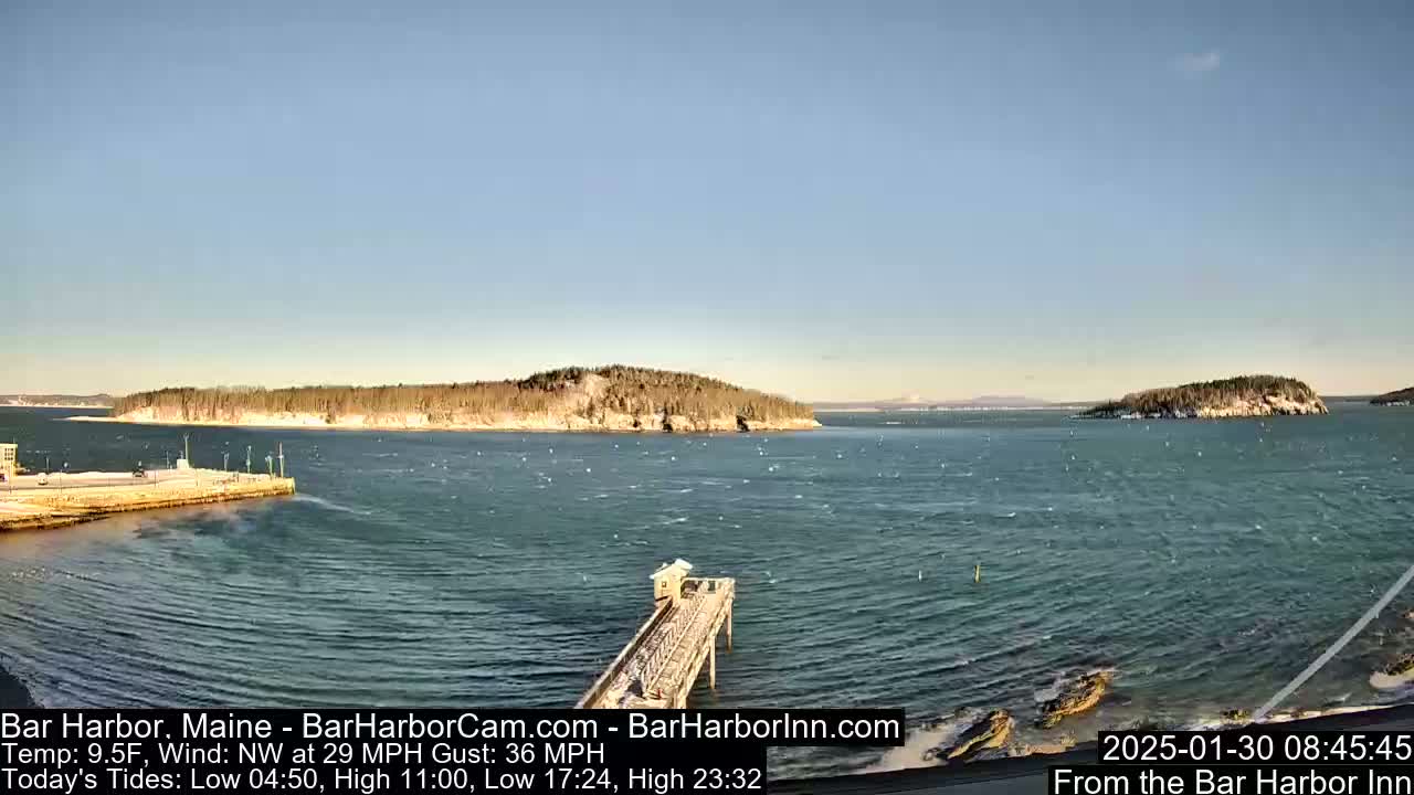 A partly sunny, windy day over a harbor with a long pier extending into the water, and two small, snow-dusted islands in the distance.